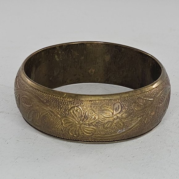 Art Nouveau Brass Bangle Bracelet Flowers Floral - Picture 2 of 8
